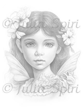Page de coloriage en niveaux de gris, portrait fantastique de fille avec des fleurs. Jeune Fée
