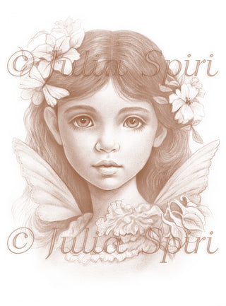 Página para colorear en escala de grises, retrato de fantasía de niña con flores. Joven hada
