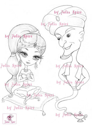 Coloring page, 1001 nights, Princess Jasmine on Flying carpet. Genie - The Art of Julia Spiri
