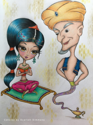 Coloring page, 1001 nights, Princess Jasmine on Flying carpet. Genie - The Art of Julia Spiri