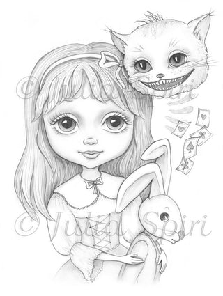Coloring Page, Alice and Cheshire Cat, Rabbit, Cards. Alice in Wonderland - The Art of Julia Spiri