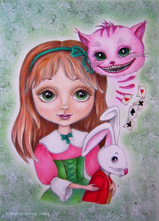 Coloring Page, Alice and Cheshire Cat, Rabbit, Cards. Alice in Wonderland - The Art of Julia Spiri