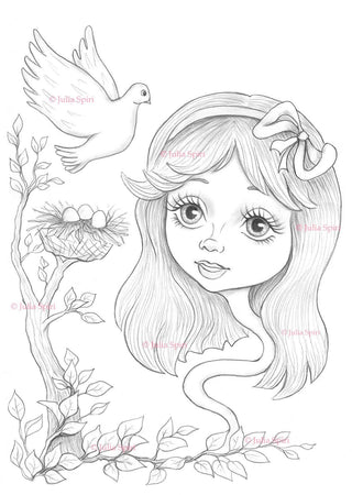 Coloring Page, Alice in Wonderland. Alice and Pigeon - The Art of Julia Spiri