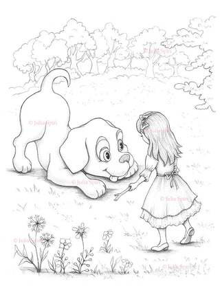 Coloring Page, Alice in Wonderland, Dog. Puppy and Alice - The Art of Julia Spiri