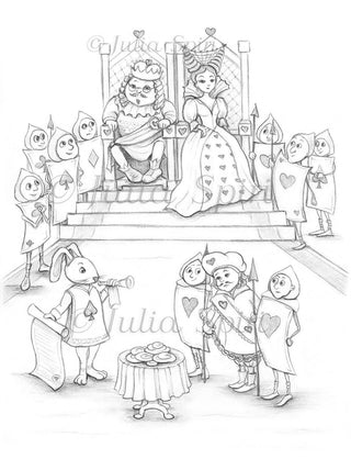 Coloring Page, Alice in Wonderland, Queen and King judging. Who Stole the Tarts? - The Art of Julia Spiri