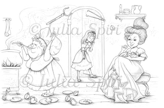 Coloring Page, Alice in Wonderland, The Cook, The Duchess. Pig and Pepper - The Art of Julia Spiri
