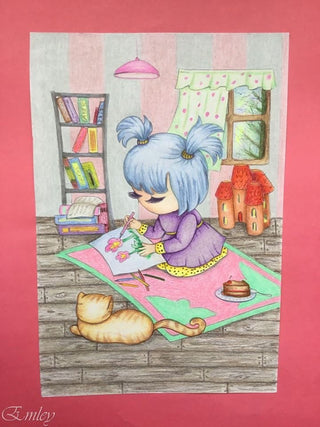 Coloring Page, Baby Girl Painting with Cat in Home. Quarantine time - The Art of Julia Spiri
