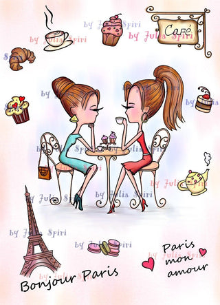 Coloring page, Bonus elements for cut, Parisian Girls. Cafe in Paris - The Art of Julia Spiri