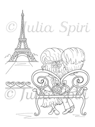 Coloring page, Boy and Girl. Love in Paris - The Art of Julia Spiri