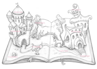 Coloring Page, Castle, Unicorn, Fantasy Hose. Magical book - The Art of Julia Spiri