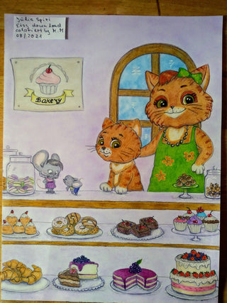 Coloring Page, Cats and Mouses with Donuts, Croissants, Cakes. Bakery - The Art of Julia Spiri