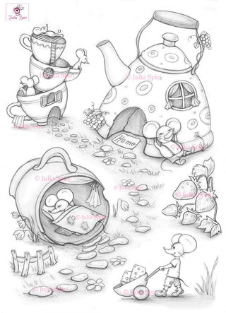 Coloring Page, Cups, Teapot and Fun Mice. Mouse village - The Art of Julia Spiri