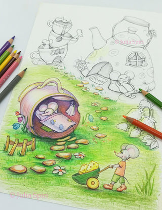 Coloring Page, Cups, Teapot and Fun Mice. Mouse village - The Art of Julia Spiri