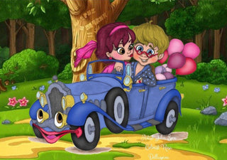 Coloring Page, Cute Girl Boy, Just Married, Couple in love, Marriage, Whimsy, Line art. Newlyweds on a Cabriolet. - The Art of Julia Spiri
