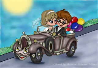 Coloring Page, Cute Girl Boy, Just Married, Couple in love, Marriage, Whimsy, Line art. Newlyweds on a Cabriolet. - The Art of Julia Spiri