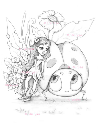 Coloring Page, Cute girl, Ladybug, Flowers, Fairytale, Whimsy, Line art. Thumbelina - The Art of Julia Spiri