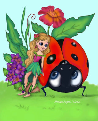 Coloring Page, Cute girl, Ladybug, Flowers, Fairytale, Whimsy, Line art. Thumbelina - The Art of Julia Spiri