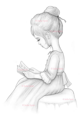 Coloring Page, Cute Girl, Read book, Reader, Female portrait, Romantic, Vintage, Crafting, Grayscale, Line art. Amelie - The Art of Julia Spiri