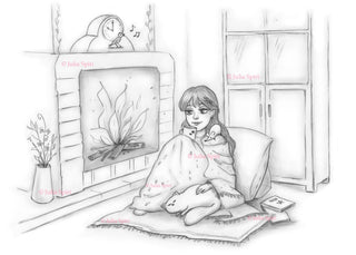 Coloring Page, Cute Girl, Room, Fireplace, Cat, Cartoon, Winter, Whimsy, Crafting, Grayscale, Line art. Cozy home - The Art of Julia Spiri