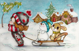 Coloring Page, Cute Girl, Sled, Snowman, Bunny, Winter, Snow, Small huts, Whimsy, Crafting, Line art. Sledding is fun - The Art of Julia Spiri