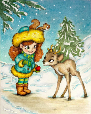 Coloring Page, Cute Girl, Squirrel, Deer, Cartoon, Winter, Snow, Whimsy, Crafting, Grayscale, Line art. Lesly and fawn - The Art of Julia Spiri