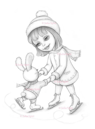 Coloring Page, Cute Rabbit, Winter, Snow, Skating, Whimsy, Crafting, Grayscale, Line art. Skate with me - The Art of Julia Spiri
