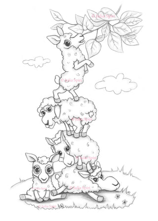 Coloring Page, Cute sheep's, Dream, Sleep, Animals, Fairytale, Whimsy, Line art. Counting sheep - The Art of Julia Spiri