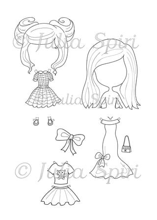 Coloring Page, Dresses, Clothes for Cut, Crafting. Paper Doll Samantha - The Art of Julia Spiri