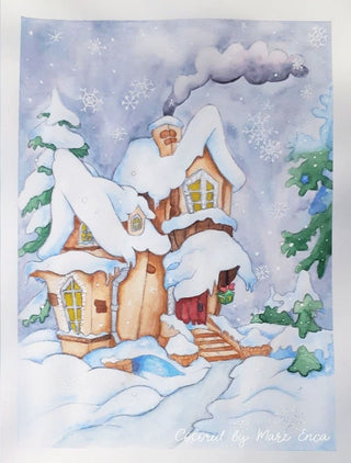 Coloring Page, Fairytale, Winter, Home, Whimsy, Crafting, Grayscale, Line art. Winter houses - The Art of Julia Spiri