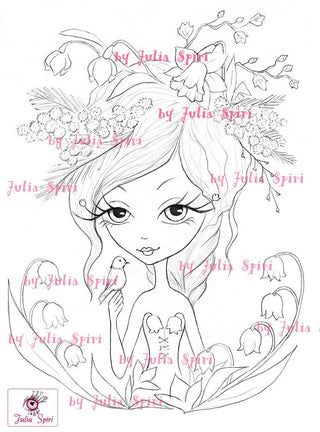 Coloring page, Fantasy Girl. The Spring Flowers - The Art of Julia Spiri