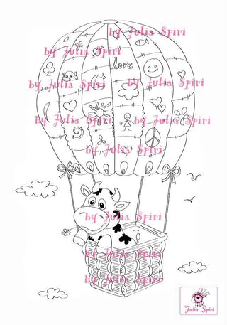 Coloring page, Fantasy, Whimsy Art. Cow in the air balloon - The Art of Julia Spiri