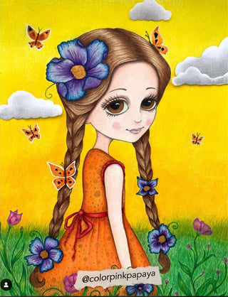 Coloring Page, Flowers, Butterfly, Whimsy, Grayscale + Line art. Summer Girl. Abigail - The Art of Julia Spiri