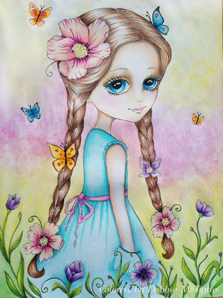 Coloring Page, Flowers, Butterfly, Whimsy, Grayscale + Line art. Summer Girl. Abigail - The Art of Julia Spiri