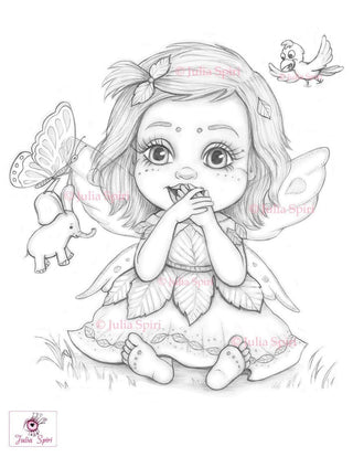 Coloring Page, Girl, Fantasy, Fairy, Little Girl, Butterfly, Elephant, Crafting, Scrapbooking, Black & White. Surprise - The Art of Julia Spiri