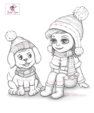 Coloring Page, Girl, Fantasy, Puppy, Girl, Winter, Crafting, Scrapbooking, Grayscale, Black & White. Mia and Dog - The Art of Julia Spiri
