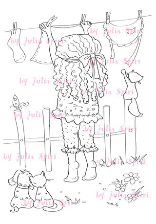 Coloring page. Girl hanging out the washing - The Art of Julia Spiri