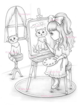 Coloring Page, Girl Painted Cat Portrait. Young artist - The Art of Julia Spiri