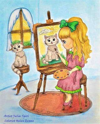 Coloring Page, Girl Painted Cat Portrait. Young artist - The Art of Julia Spiri