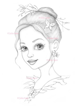 Coloring Page, Girl Portrait, Spring, Butterfly, Fairy, Whimsy, Crafting, Grayscale, Line art. Celeste - The Art of Julia Spiri