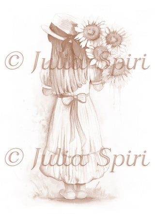 Coloring Page, Girl shape, silhouette, Sunflowers, Flowers, Sunflower, Whimsy, Crafting, Grayscale Black & White. Sunny - The Art of Julia Spiri