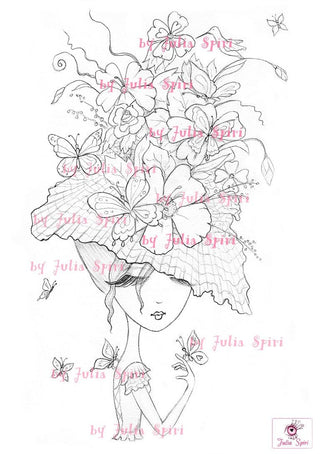 Coloring page, Girl with Fantasy Hat. The Butterfly Hat - The Art of Julia Spiri