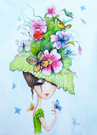 Coloring page, Girl with Fantasy Hat. The Butterfly Hat - The Art of Julia Spiri