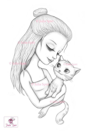 Coloring Page, Girl with Kitty. Kate and Kitten - The Art of Julia Spiri