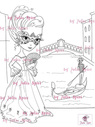Coloring page, Girl with Mask. Venice - The Art of Julia Spiri