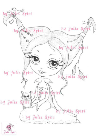 Coloring page, Gothic Girl. Griselda with Owl - The Art of Julia Spiri