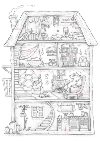 Coloring Page, Home: kitchen, bedroom, loft, library, Whimsy, Line art. Mole house - The Art of Julia Spiri