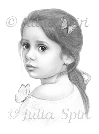 Coloring Page, Little Cute Girl, Realistic Portrait, Butterfly, Grayscale. Laila - The Art of Julia Spiri