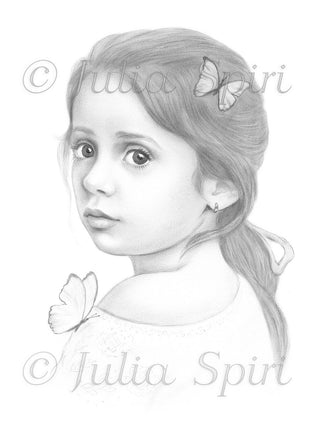 Coloring Page, Little Cute Girl, Realistic Portrait, Butterfly, Grayscale. Laila - The Art of Julia Spiri
