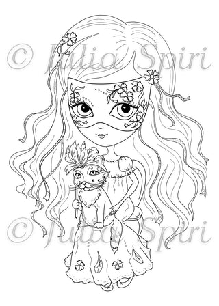 Coloring page, Little Girl with Cat. The Venetian Girl - The Art of Julia Spiri