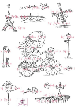Coloring Page, Parisian girl on bike with bonus elements, Eiffel. Paris - The Art of Julia Spiri